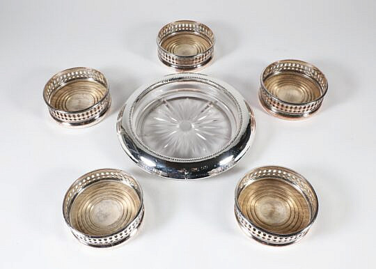 Six silver Plated Wine Coasters with Sterling Rim