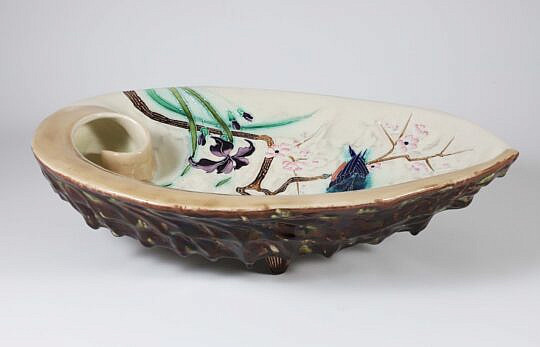 Art Deco Majolica Shell with Humming Bird on an Apple Blossom Branch