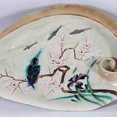 Art Deco Majolica Shell with Hummingbird on an Apple Blossom Branch