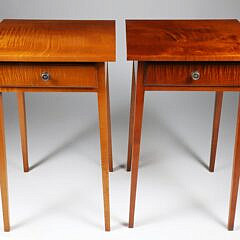 Pair of Labeled Eldred Wheeler Tiger Maple Hepplewhite Style One Drawer Work Stands