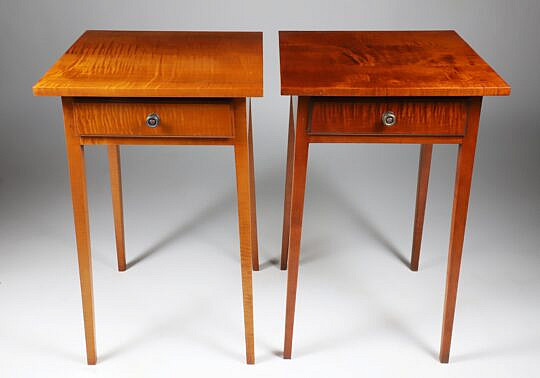 Pair of Labeled Elder Wheeler Tiger Maple Hepplewhite One Drawer Work Stands
