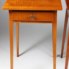 Pair of Labeled Eldred Wheeler Tiger Maple Hepplewhite Style One Drawer Work Stands