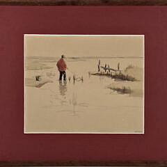 Scarce Doris and Richard Beer Nantucket Watercolor on Paper, “Lone Fisherman”, Painting