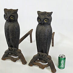Pair of Heroic Antique Extra Large Cast Iron Figural Owl Andirons, circa 1920s