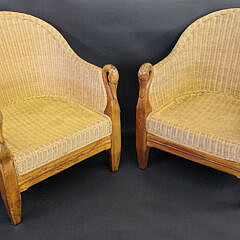 Pair of Vintage Coastal Rattan Swan Head Open Club Chairs, 20th century