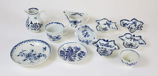 Eleven Pieces of Blue and White Worcester China, 18th Century
