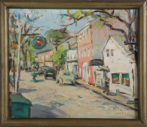 Anne Ramsdell Congdon Oil on Artist Board "Main Street Nantucket, 1941"