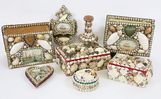 Collection of 8 Antique and Vintage Shell Encrusted Boxes and Trinkets