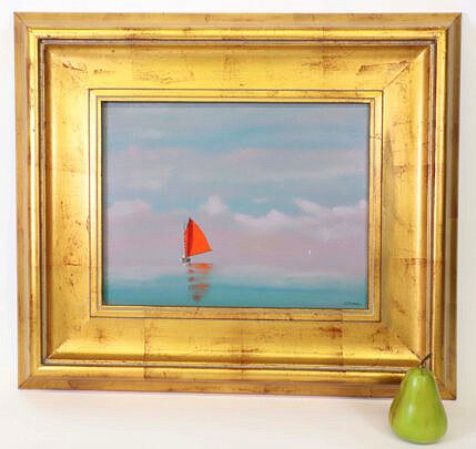 Robert Stark Jr. (American 1933-2014) Oil on Canvas "Red Sail Catboat with Luminous Sky"