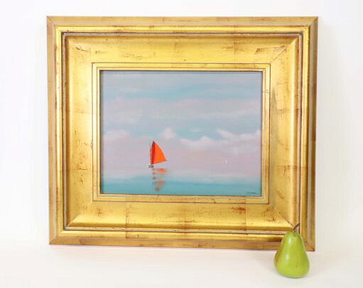 Robert Stark Jr. Oil on Canvas "Red Sail Catboat with Luminous Sky"