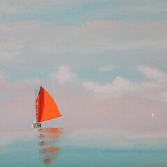 Robert Stark Jr. Oil on Canvas “Red Sail Catboat with Luminous Sky”