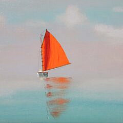 Robert Stark Jr. Oil on Canvas “Red Sail Catboat with Luminous Sky”