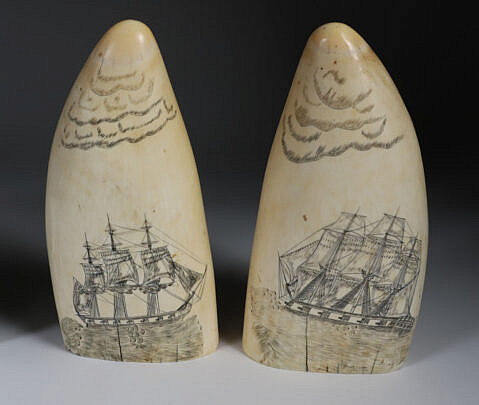 Matched Pair of Scrimshaw Whale Teeth, 19th Century,