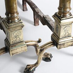 Pair of American Federal Engraved Brass Andirons, circa 1790-1810 Philadelphia