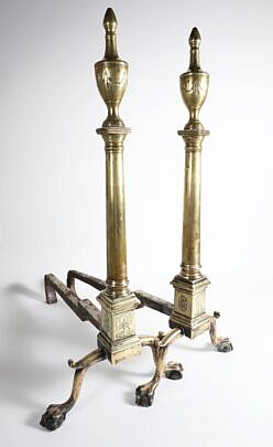 Pair of American Federal Engraved Brass Andirons, circa 1790-1810 Philadelphia