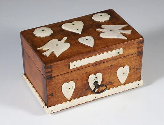 Small Bone Applied Wood Trinket Box, 19th Century