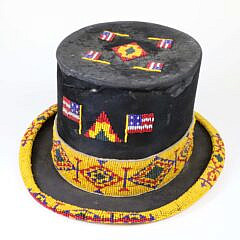 Vintage Native American Bead Work Decorated Beaver Skin Top Hat with American Flag Design