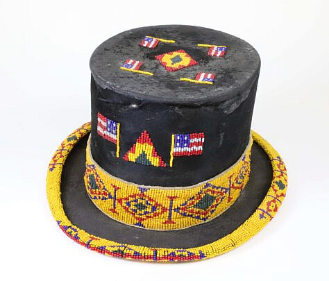Vintage Native American Bead Work Decorated Beaver Skin Top Hat with American Flag Design