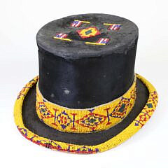 Vintage Native American Bead Work Decorated Beaver Skin Top Hat with American Flag Design