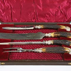 Four Piece Boxed Set of Horn and Silver Mounted Carving Set