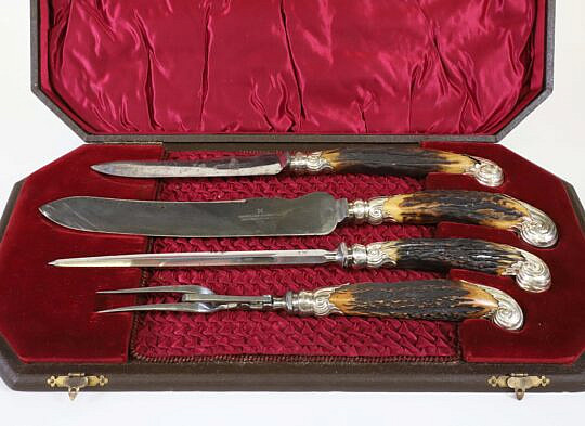 Four Piece Boxed Set of Horn and Silver Mounted Carving Set