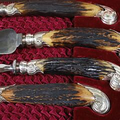 J. Nowill & Sons Sheffield England Four Piece Boxed Set Horn and Silver Mounted Carving Set