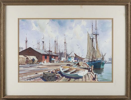 Gordon Hope Grant (1875-1962) Watercolor on Paper "Busy New England Dock Scene"