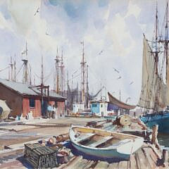 Gordon Grant Watercolor on Paper “Busy New England Dock Scene”