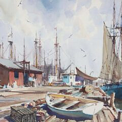 Gordon Grant Watercolor on Paper “Busy New England Dock Scene”