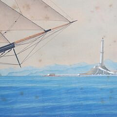Antique Watercolor on Paper “Ship Thomas Perkins Entering the Port of Genoa”, 19th Century