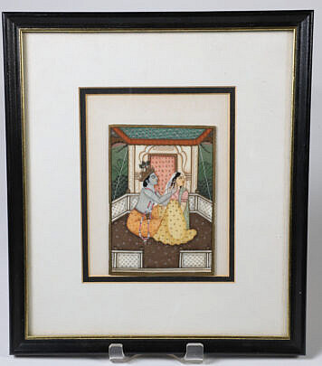 Mughal Style Miniature Painting Depicting Krishna and Radha