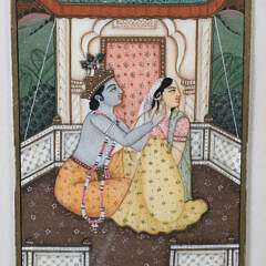 Mughal Style Miniature Painting Depicting Krishna and Radha