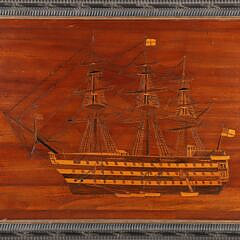 English Marquetry Panel Depicting a Three-Masted Triple Decked Man-O-War 19th Century