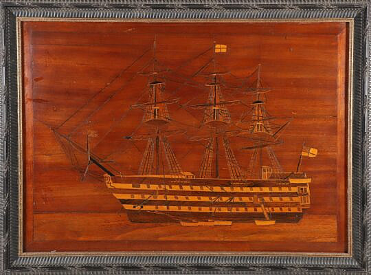 English Marquetry Panel Depicting a Three-Masted Triple Decked Man-O-War 19th Century