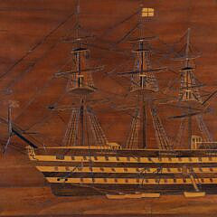 English Marquetry Panel Depicting a Three-Masted Triple Decked Man-O-War, 19th Century