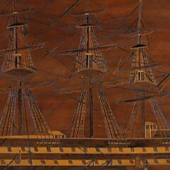 English Marquetry Panel Depicting a Three-Masted Triple Decked Man-O-War, 19th Century