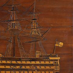 English Marquetry Panel Depicting a Three-Masted Triple Decked Man-O-War, 19th Century