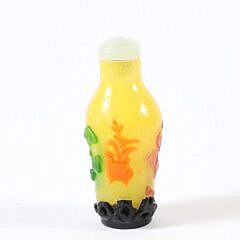 Chinese Multi-Color Overlay “Cat and Butterfly” Snuff Bottle, Qing Dynasty