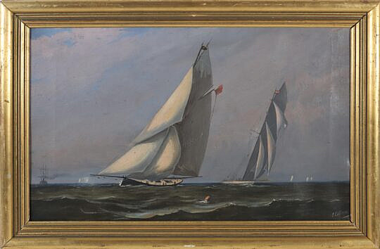 American School "Schooners Racing on Choppy Seas" Oil on Canvas, Late 19th Century