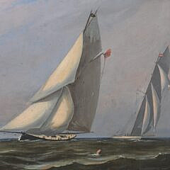 American School “Schooners Racing on Choppy Seas” Oil on Canvas, Late 19th Century