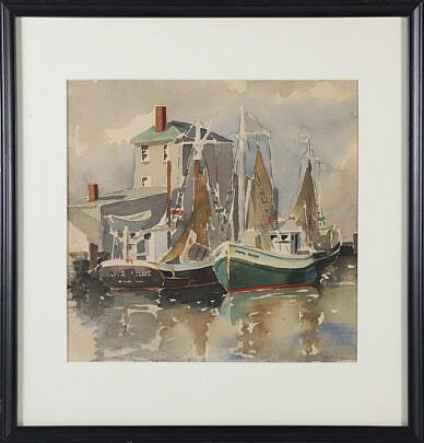 Rare Doris and Richard Beer (1898-1967 & 1893-1959) Watercolor on Paper "Harbor Scene"