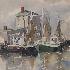 Rare Doris and Richard Beer Watercolor on Paper “Harbor Scene”