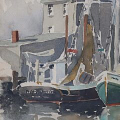 Rare Doris and Richard Beer Watercolor on Paper “Harbor Scene”