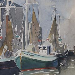 Rare Doris and Richard Beer Watercolor on Paper “Harbor Scene”