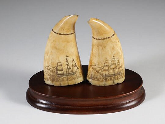 Fine Pair of Scrimshaw Whale Teeth Engraved with Whaling Scenes, 19th Century