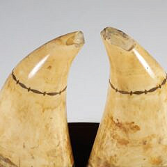 Fine Pair of Scrimshaw Whale Teeth Engraved with Whaling Scenes, 19th Century
