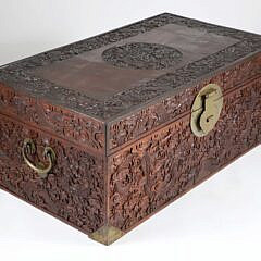 Fine Chinese Export Dragon Motif Carved Camphor Wood Trunk, 19th Century