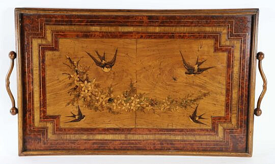 Continental Marquetry Bird Inlaid Two-Sided Serving Tray, 19th Century
