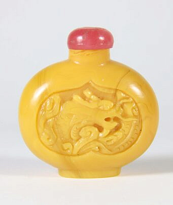 Chinese Faux Amber Eggyolk Yellow Glass "Dragon & Phoenix" Snuff Bottle, Qing Dynasty