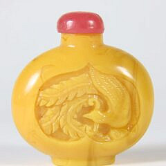 Chinese Faux Amber Eggyolk Yellow Glass “Dragon & Phoenix” Snuff Bottle, Qing Dynasty